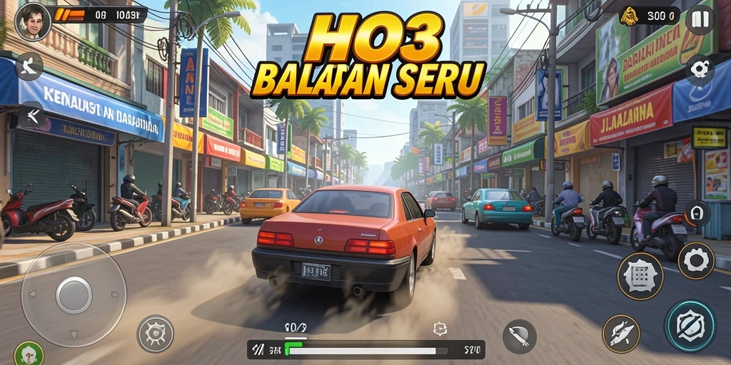 Screenshot gameplay HO3 menampilkan aksi balapan yang intens dan mendebarkan.