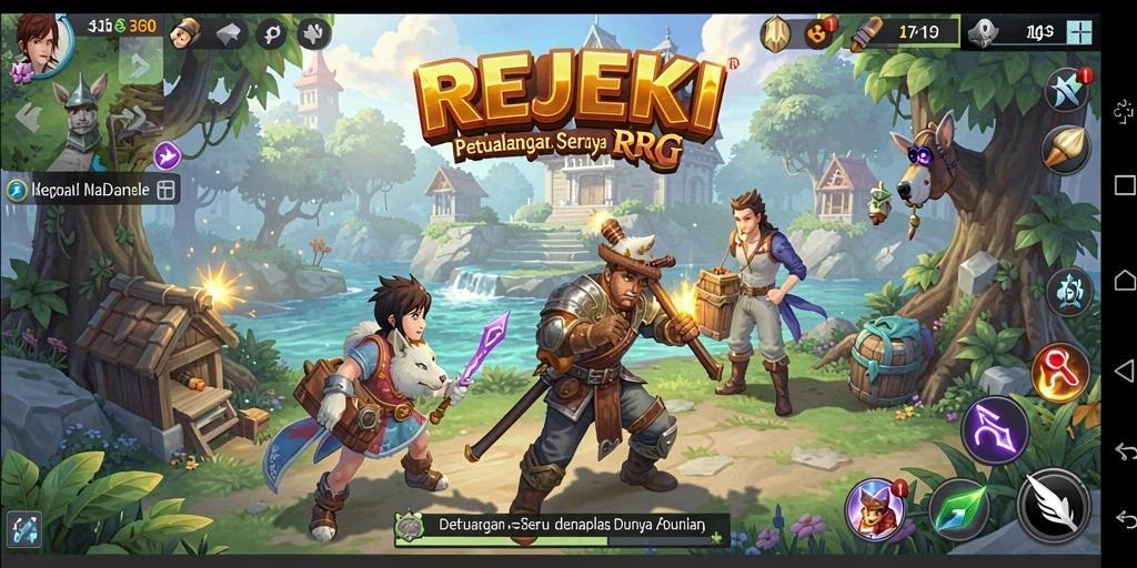Screenshot utama REJEKI menampilkan karakter di tengah pertarungan RPG yang intens.
