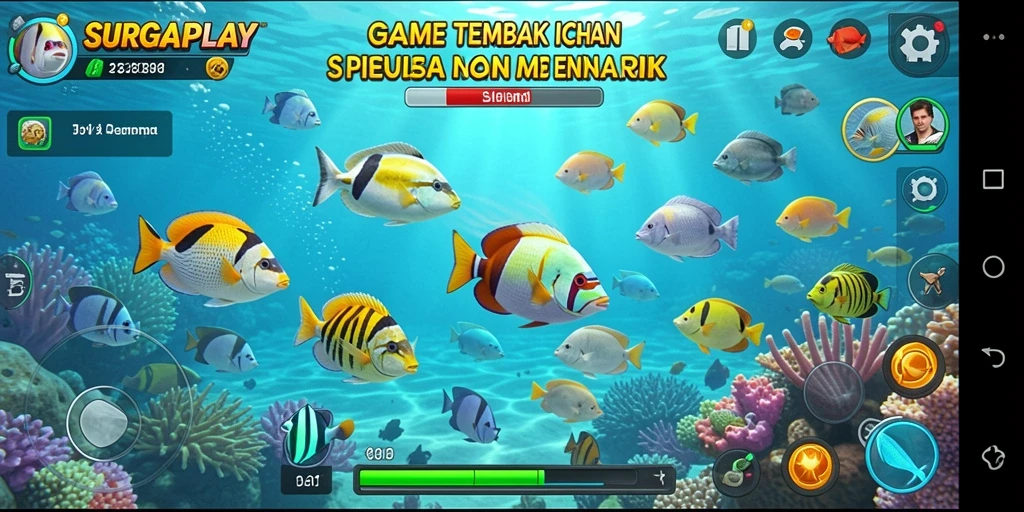 Screenshot menunjukkan gameplay seru menembak ikan di SURGAPLAY.